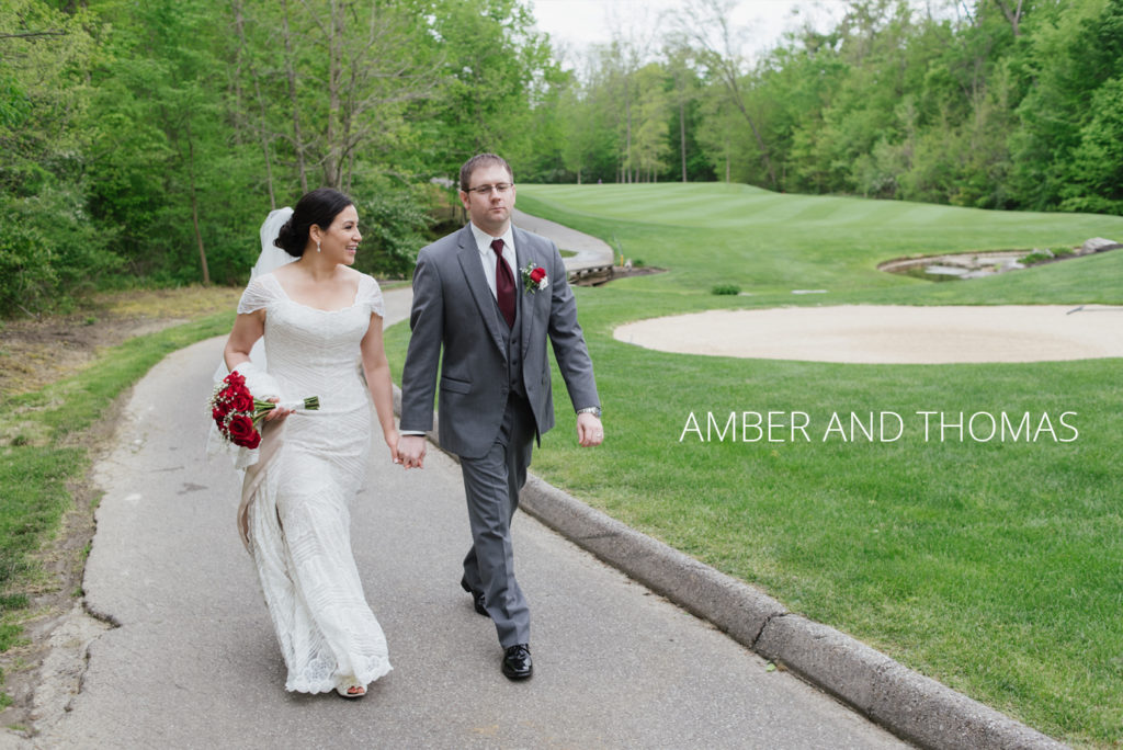 bride and groom walking on golf course