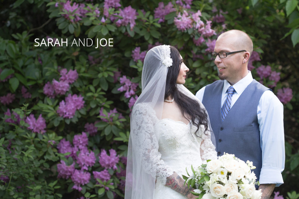 wedding couple surrounded by beautiful purple flowering trees