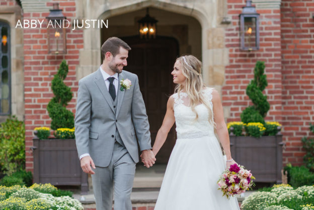 bride and groom walking outside Zenner House