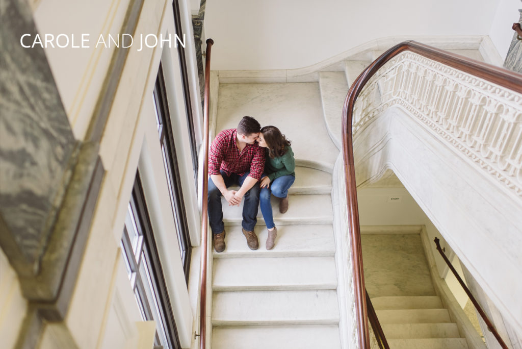 Carole and John Esession | Jessica Miller Photography engaged couple hugging on stairs
