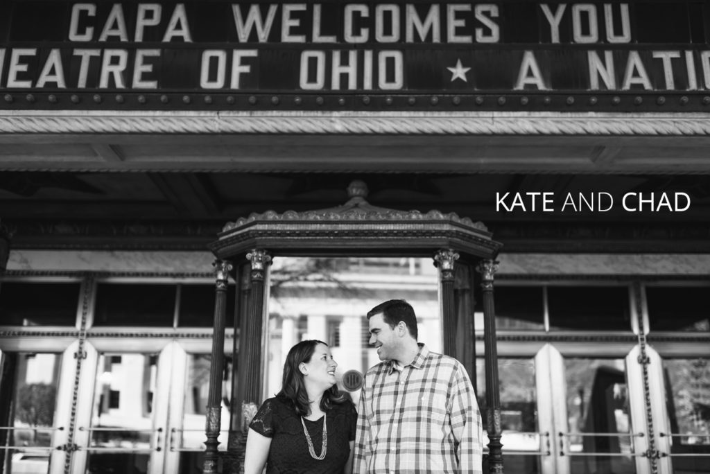 kate and chad | Jessica Miller Photography engaged couple under ohio theater sign