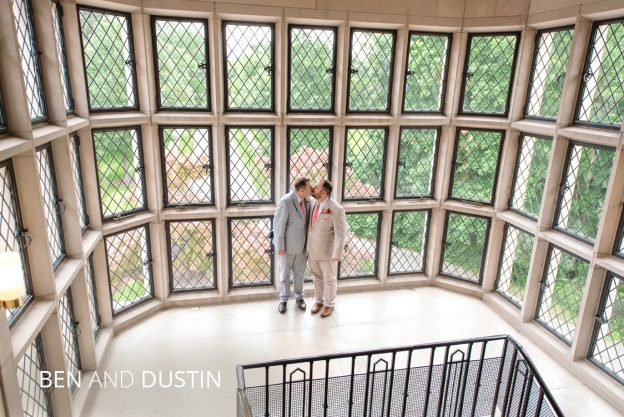 ben and dustin standing on the stairs