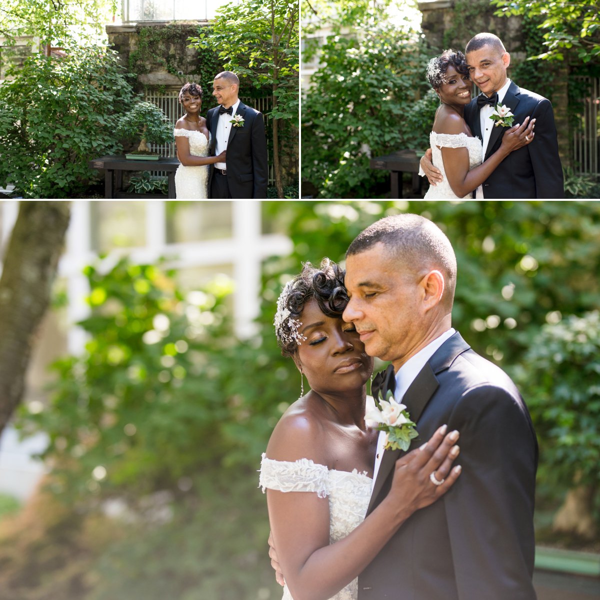 bride and groom embrace in garden