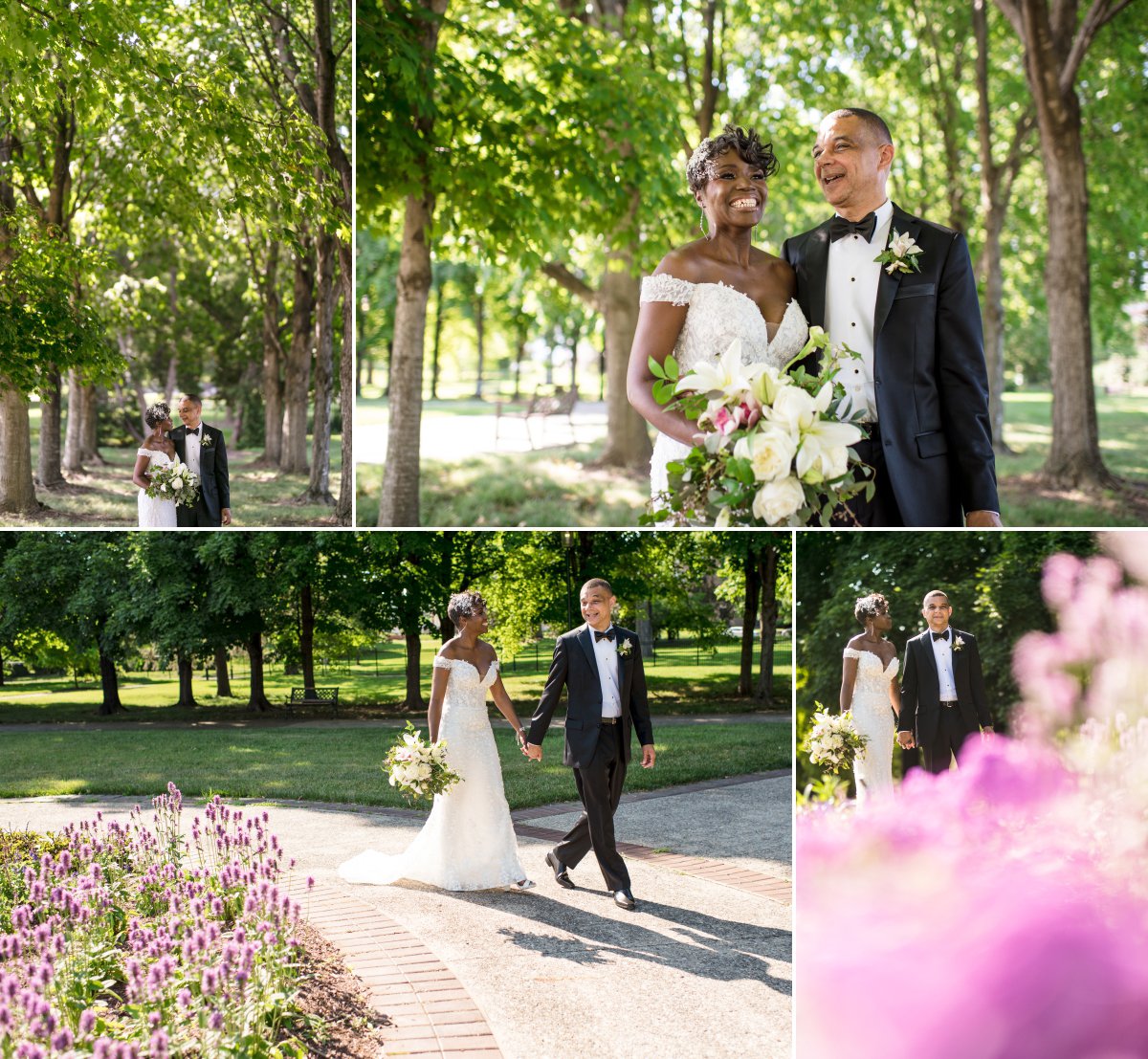 bride and groom walk through gardens