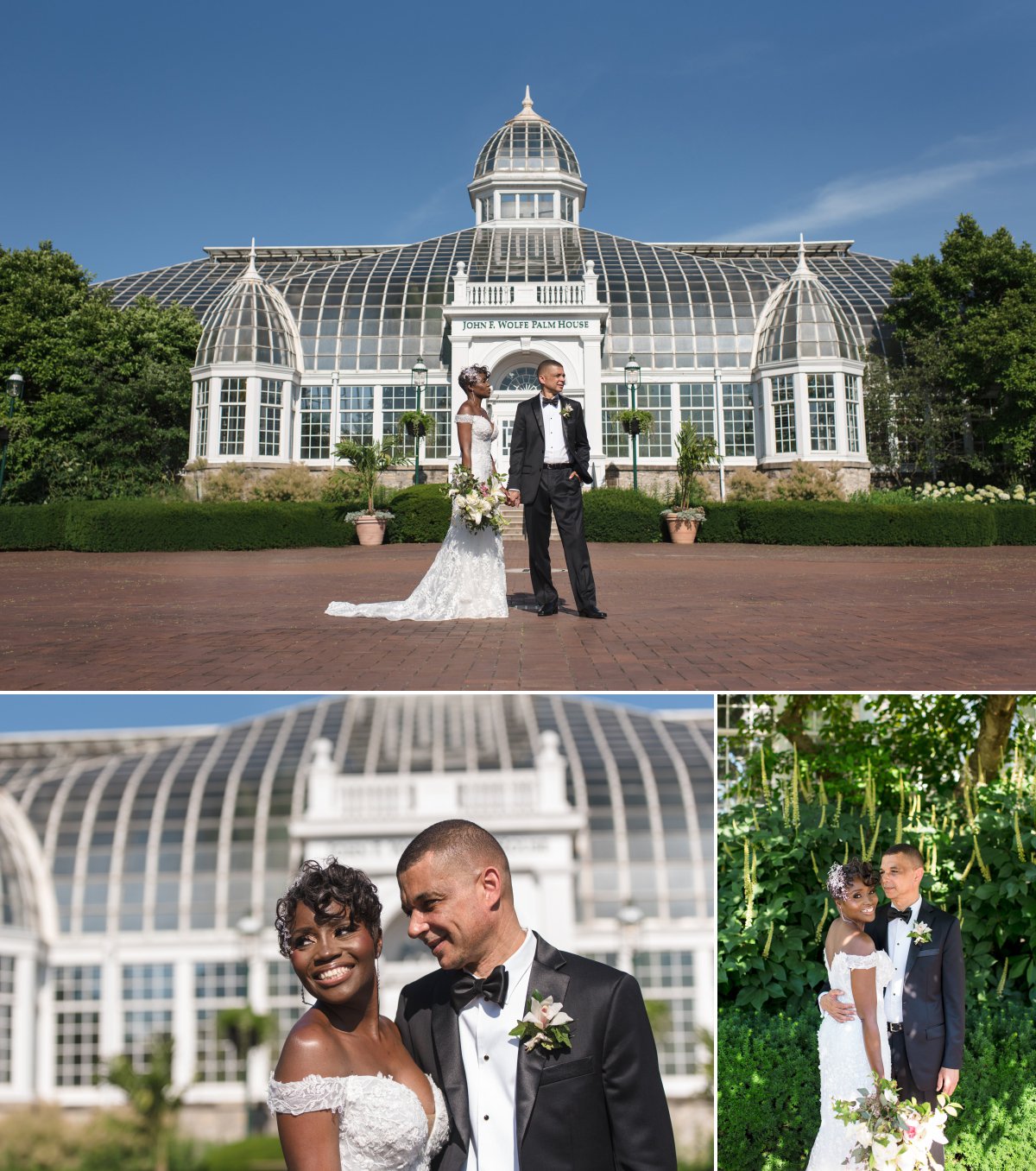 bride and groom in front of franklin park conservatory palm house