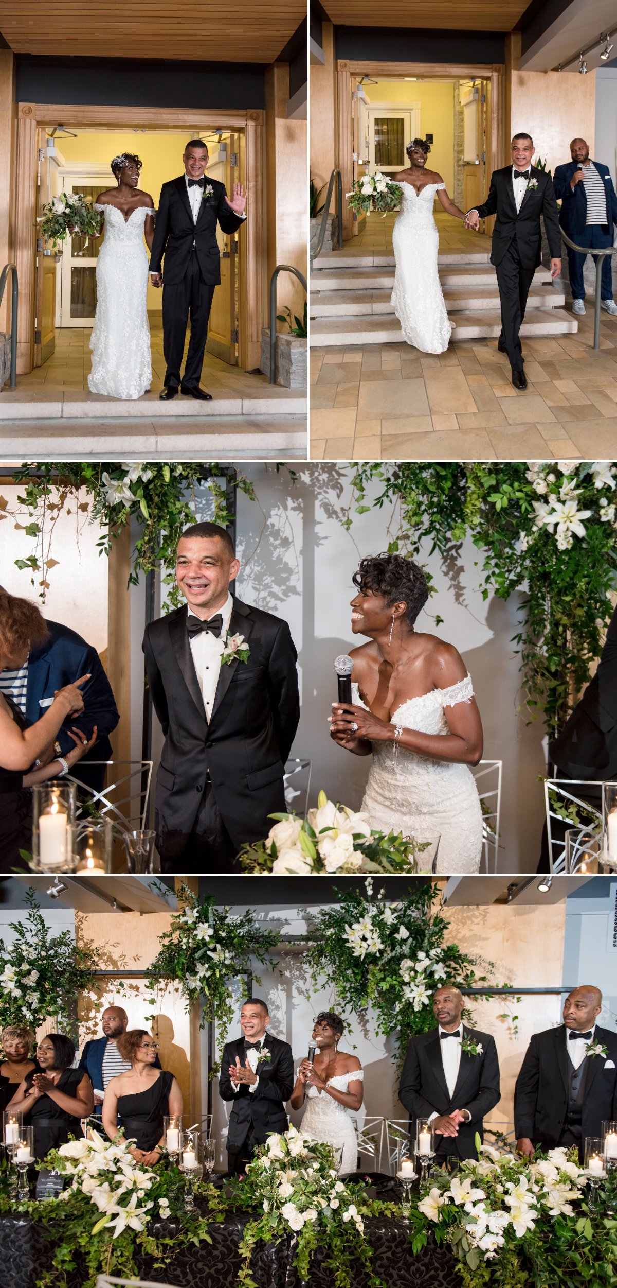bride and groom talk to reception guests