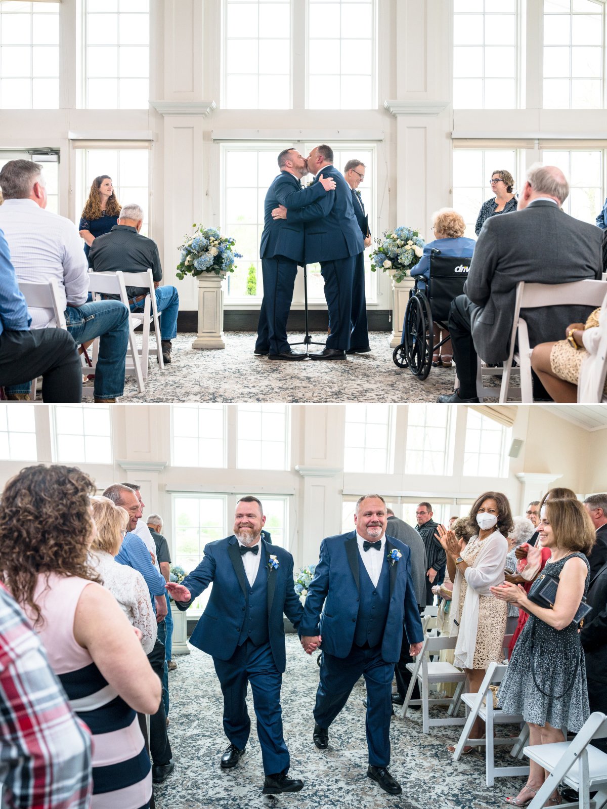 two grooms and their first kiss