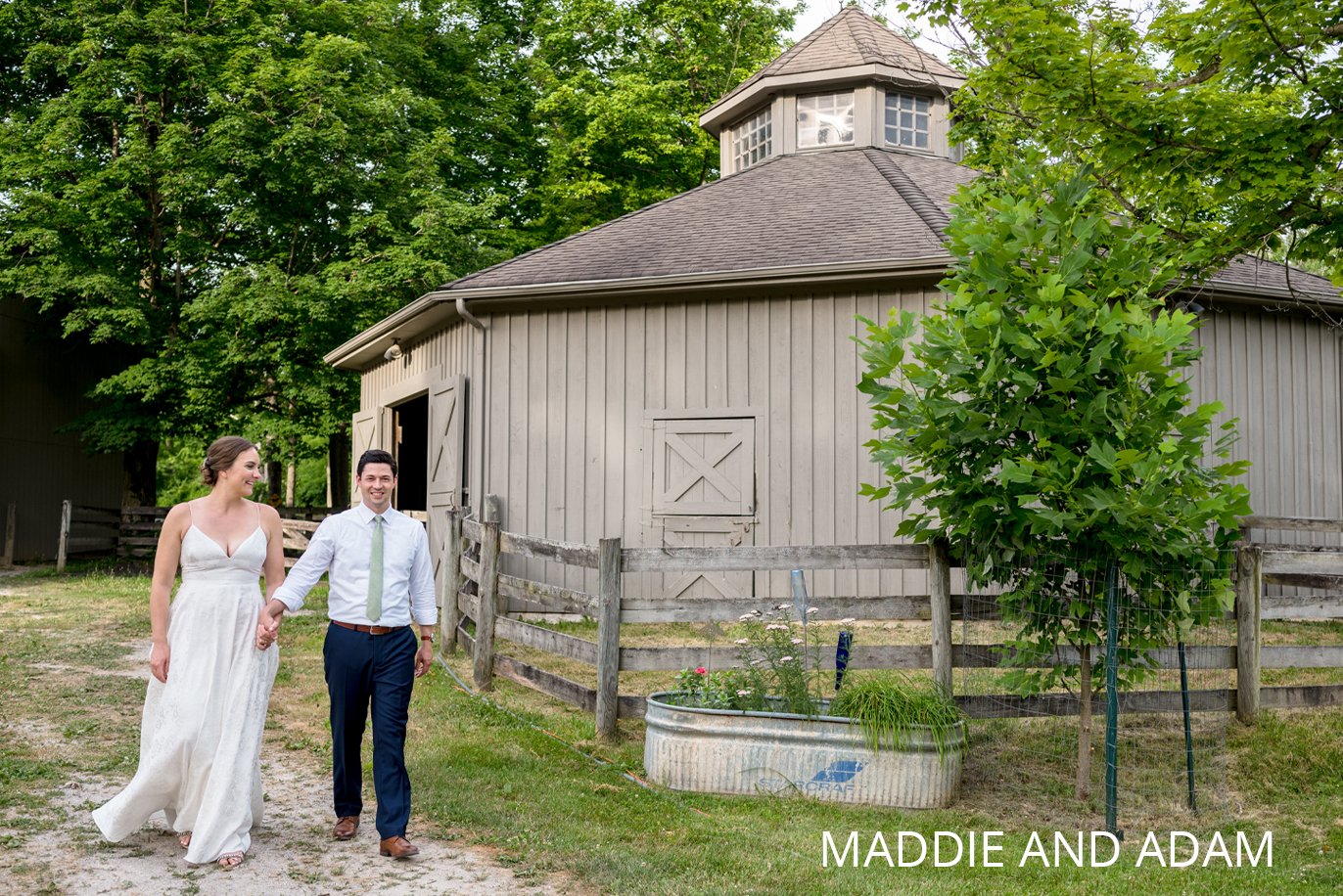 bride and groom walk by horse barn