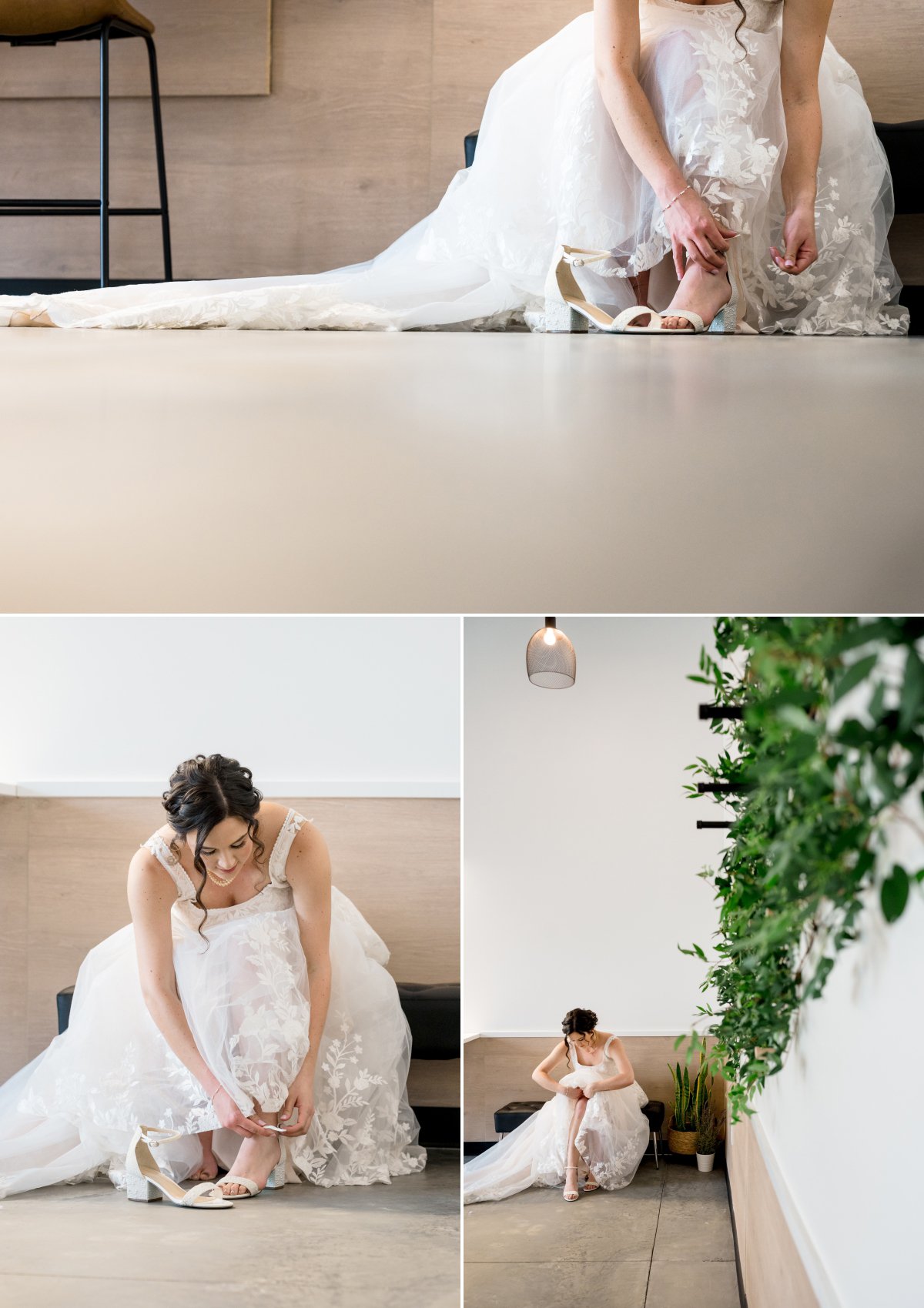 bride putting on shoes 
