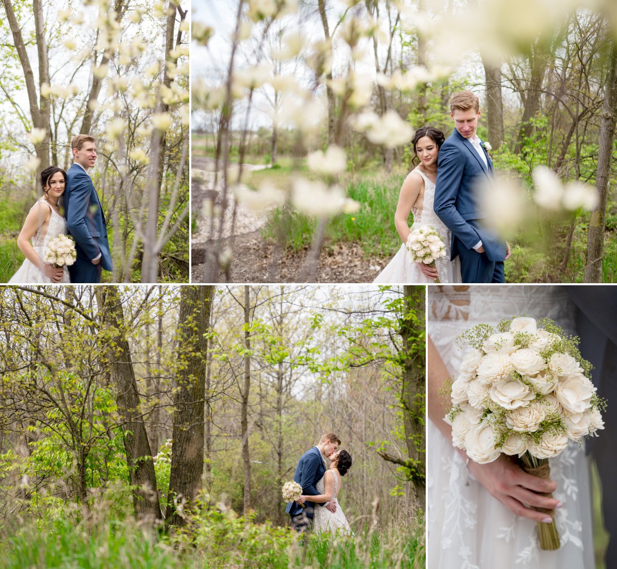 bride and groom amongst spring floweres
