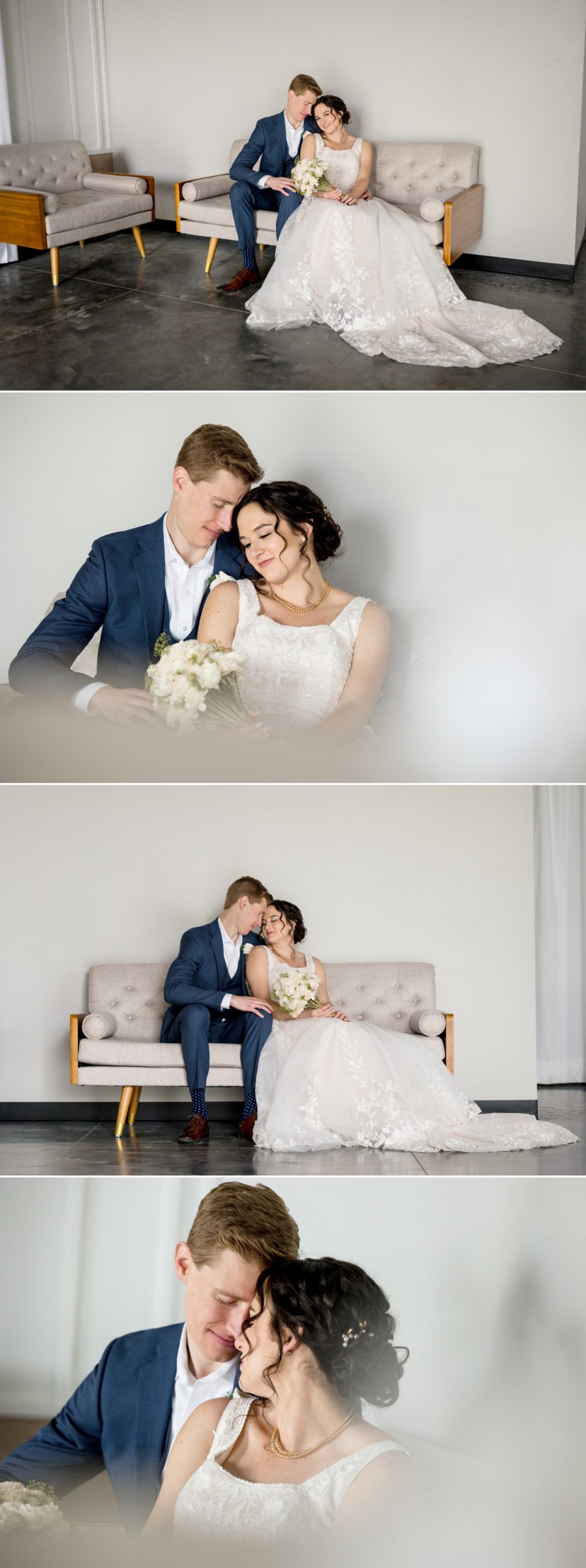 bride and groom cuddle on couch