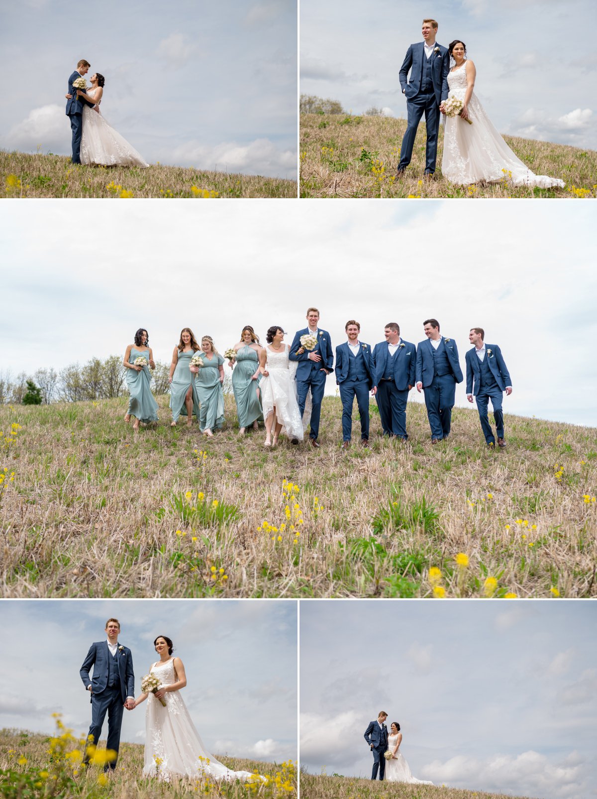 wedding party walking down hill