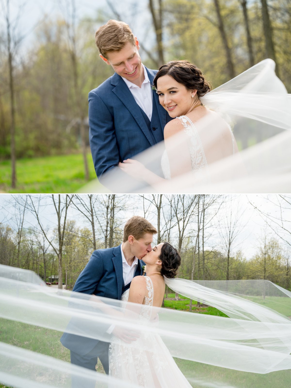 bride smiles through long veil