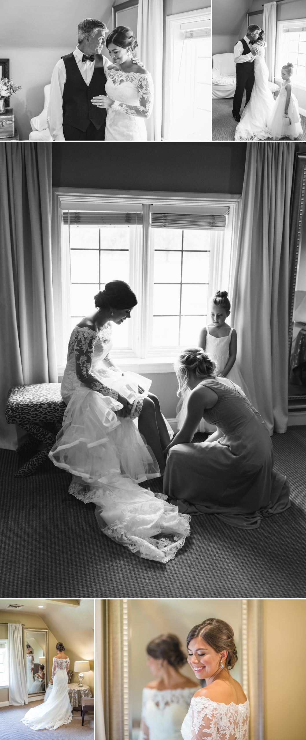 Bride getting ready for wedding in front of window